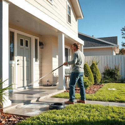 User cleaning the house with pressure washer