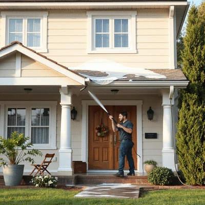 High-quality image of a professional house washing service in action, showcasing soft washing technique, clean background