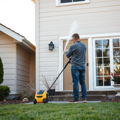 User using pressure washer on home exterior