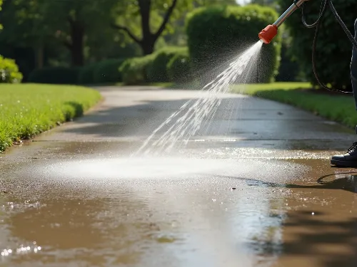 Power washing a stained concrete driveway